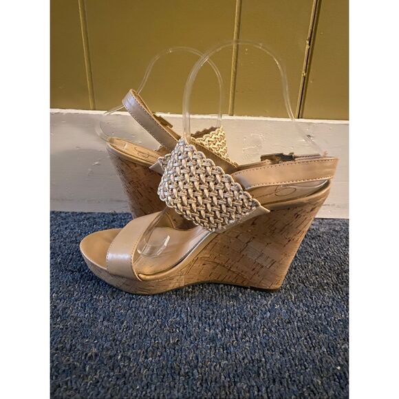 Jessica Simpson women 8 open toe cork 5” wedge strap tan sandals - Picture 2 of 11